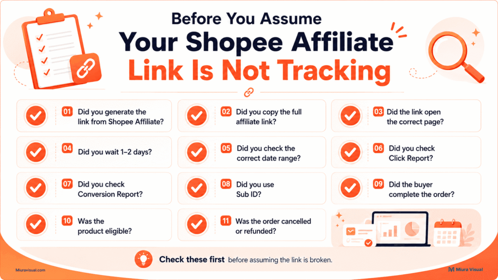 Checklist infographic for Shopee Affiliate link not tracking, covering link setup, click report, conversion report, Sub ID, and order eligibility.