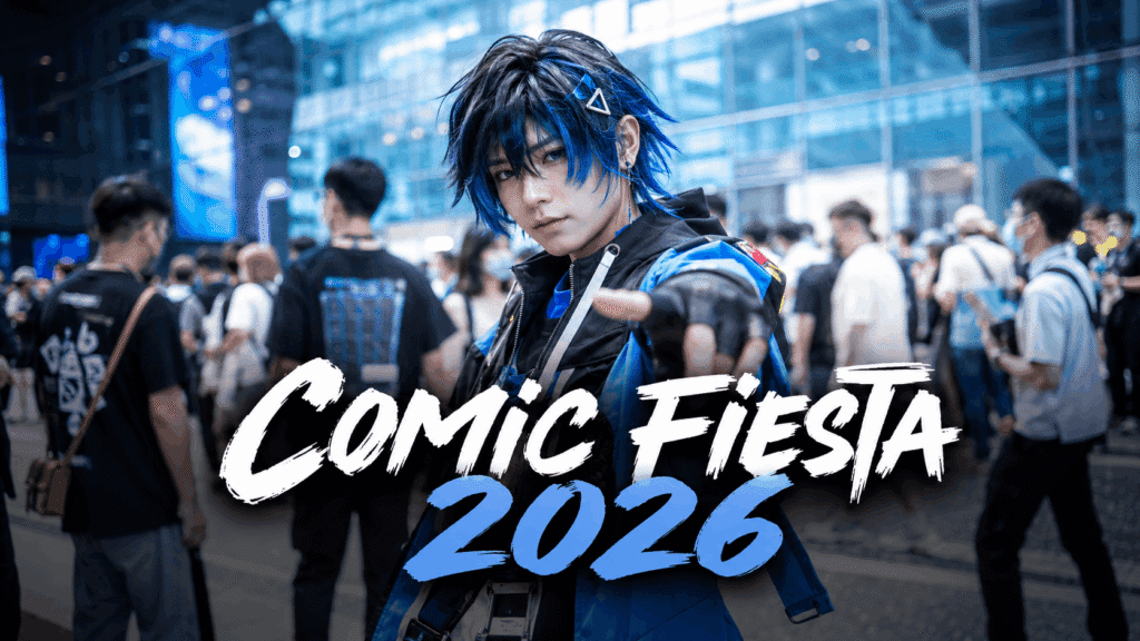 Comic Fiesta 2026 event banner with a local-style cosplayer in a convention crowd setting