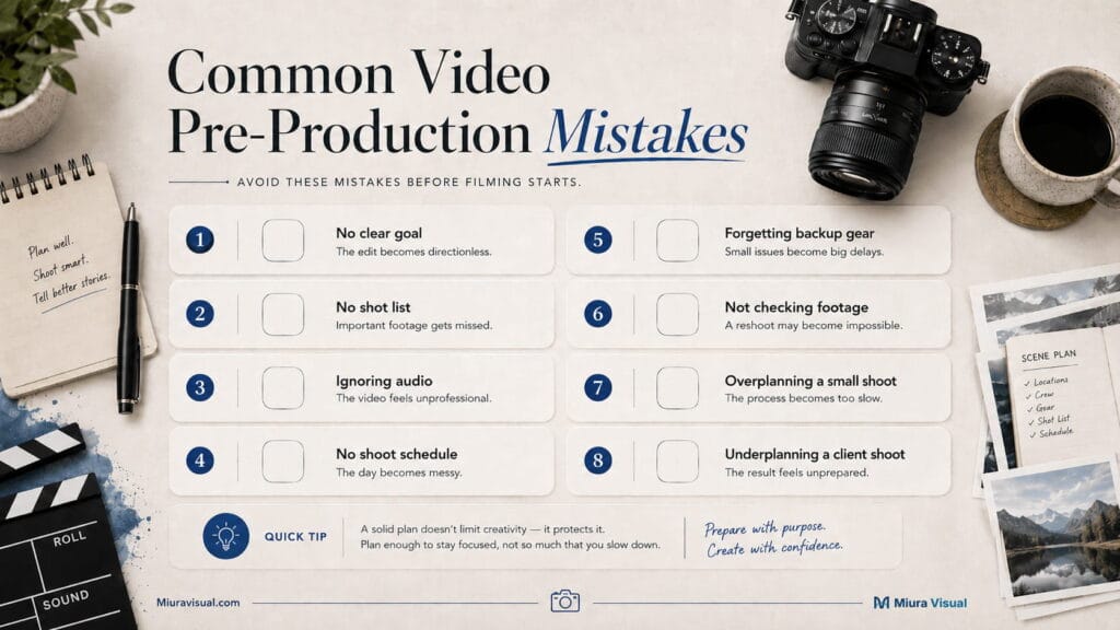 Common video pre-production mistakes checklist covering unclear goals, missing shot lists, poor audio, no schedule, missing backup gear, and weak planning.