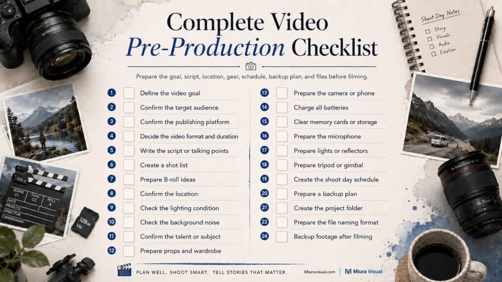 Complete video pre-production checklist for planning goals, script, location, gear, schedule, backup plan, and files before filming.