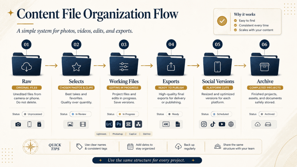 How to Organize Photos and Videos for Content Creation 2 Content file organization flow showing how to organize photos and videos into raw files, selects, working files, exports, social versions, and archive.