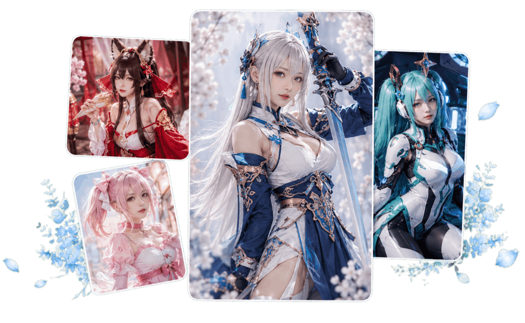 Cosplay Photography Portfolio 1 Cosplay photography collage featuring fantasy-inspired character portraits with blue floral decoration
