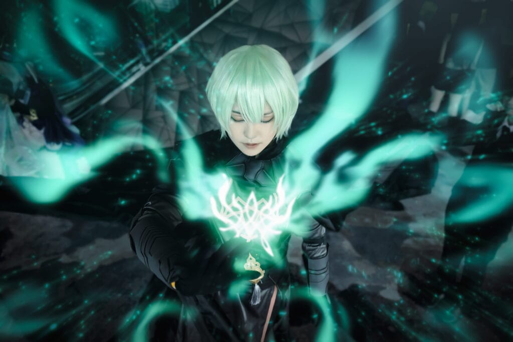 Green magic cosplay portrait with dark fantasy lighting