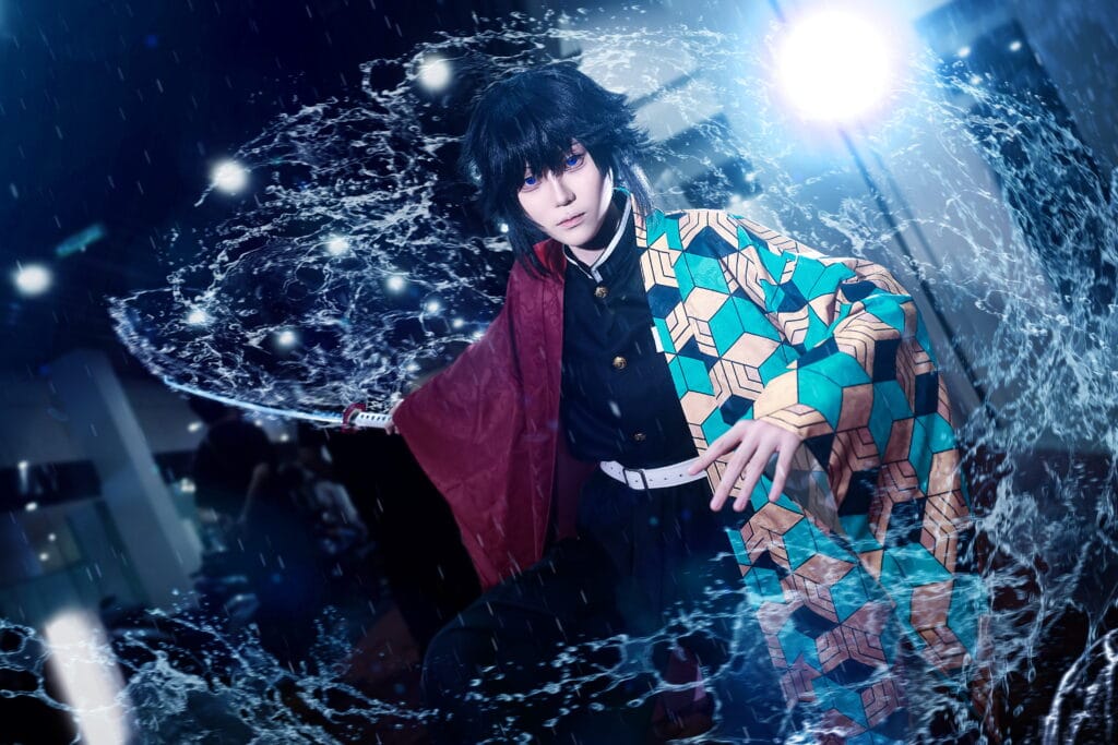 Blue winter-style cosplay portrait with cinematic lighting