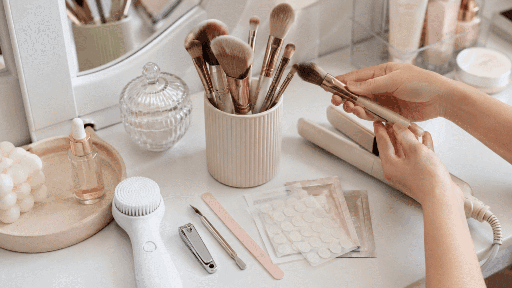 Beauty tools and personal care items arranged on a vanity for faceless Shopee Affiliate content.