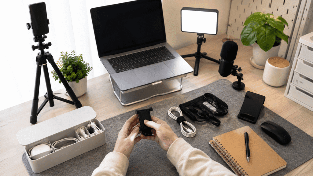 Creator desk setup with tripod, laptop, LED light, microphone, and accessories for faceless Shopee Affiliate content.