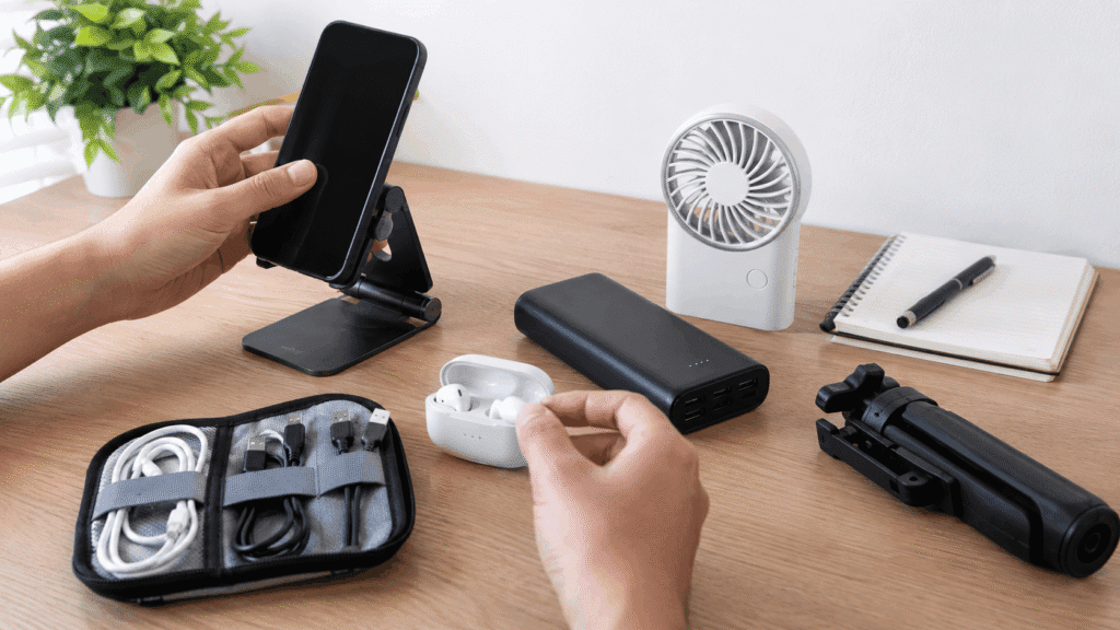 Desk setup with gadgets, phone stand, mini fan, earbuds, and cables for faceless Shopee Affiliate product demos.