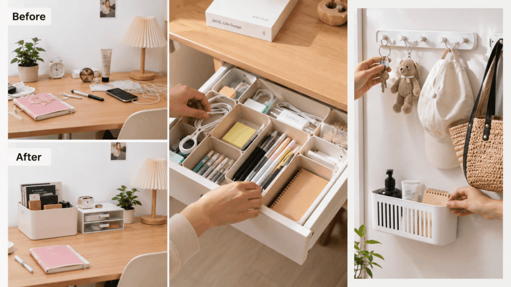 Home and living products arranged in a before-and-after organization setup for faceless Shopee Affiliate content.