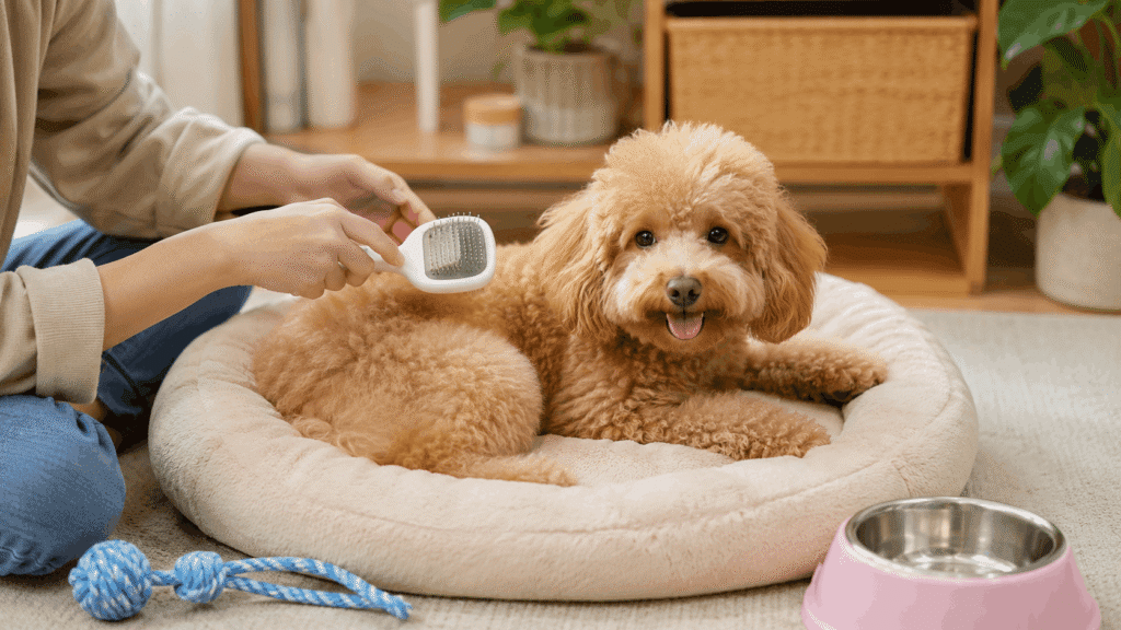 Pet grooming product demo with a dog, showing a faceless Shopee Affiliate content idea for pet products.