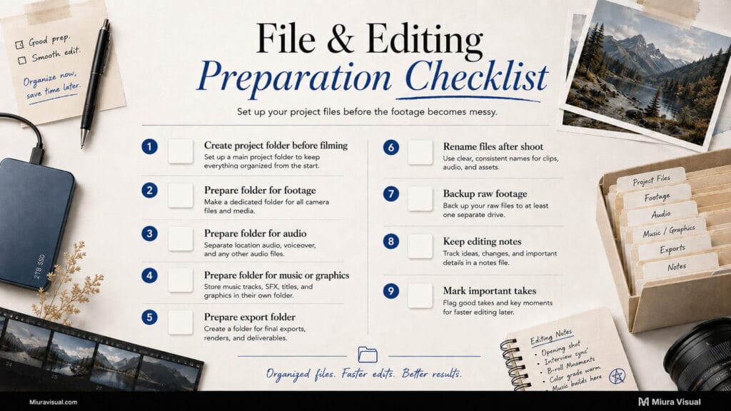 File and editing preparation checklist for organizing project folders, footage, audio, graphics, exports, file names, backups, and editing notes.