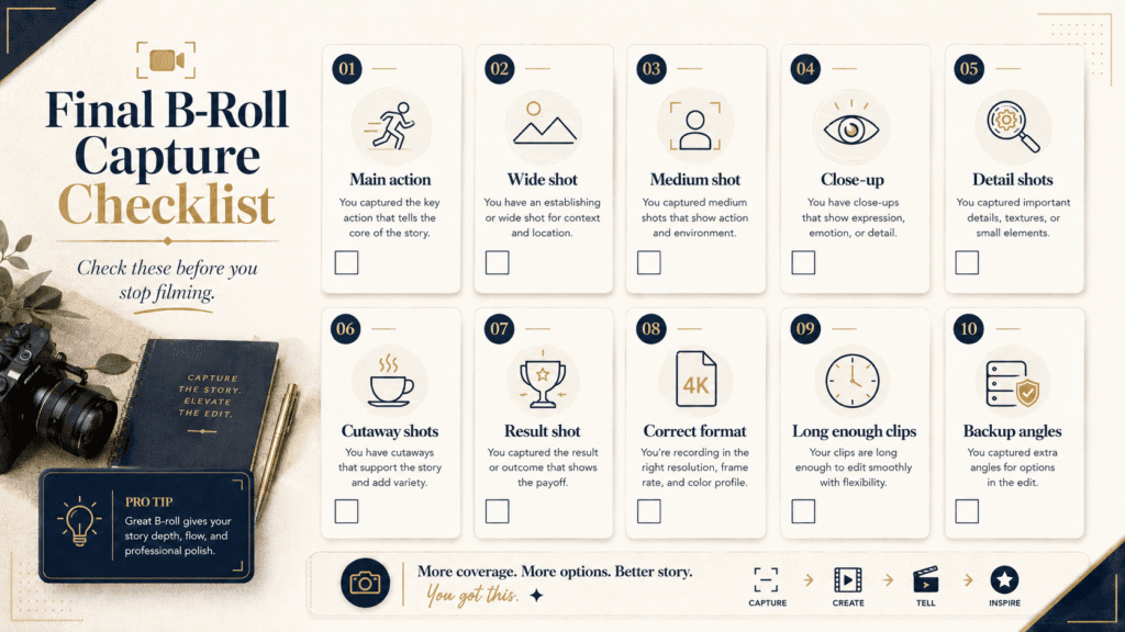 How to Shoot B-Roll for Videos: Free Shot List & Examples 4 Premium checklist infographic showing key B-roll shots to capture before filming ends, including wide, medium, close-up, detail, cutaway, and result shots.