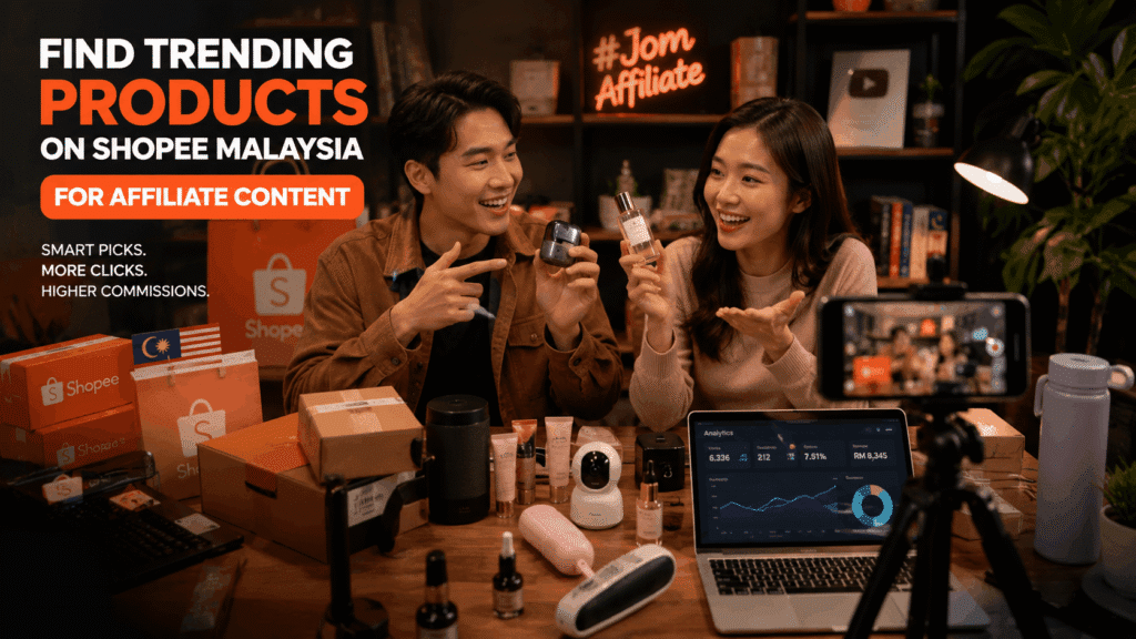 Malaysian affiliate creators filming product content while researching trending products on Shopee Malaysia.