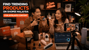 Malaysian affiliate creators filming product content while researching trending products on Shopee Malaysia.