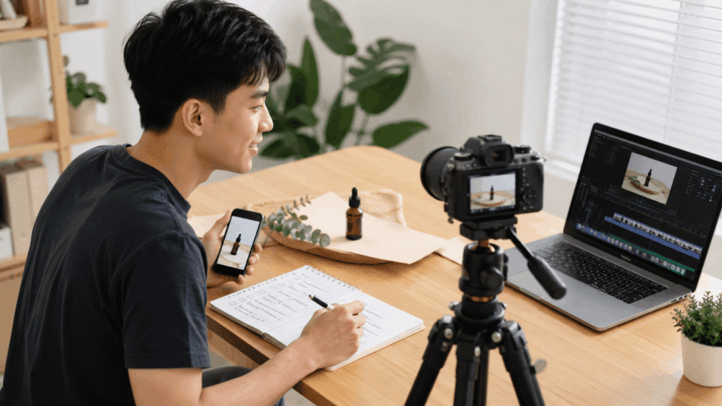 Malaysian Chinese content creator learning how to shoot B-roll for videos with a camera, phone, shot list, and editing laptop.