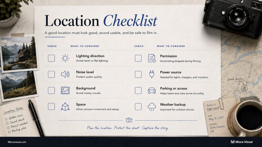 Location checklist for video shoots covering lighting direction, noise level, background, space, permission, power source, access, and weather backup.