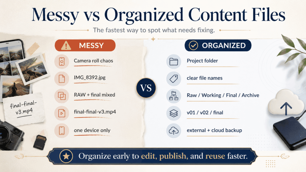 How to Organize Photos and Videos for Content Creation 5 Messy versus organized content files comparison showing camera roll chaos, clear file names, folder structure, version control, and backups.
