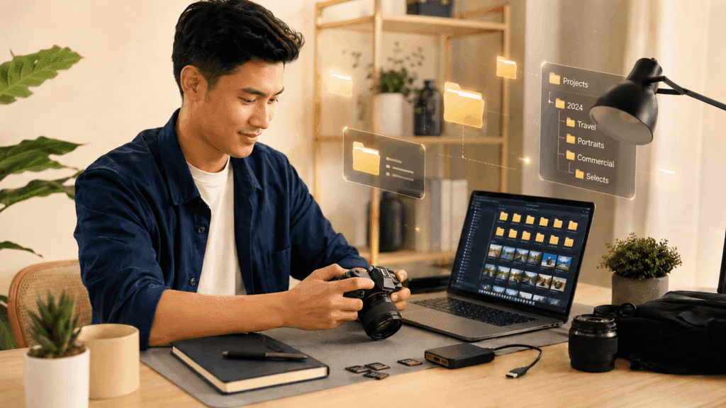 Malaysian content creator organizing photos and videos for content creation on a laptop with camera gear and floating folder icons.