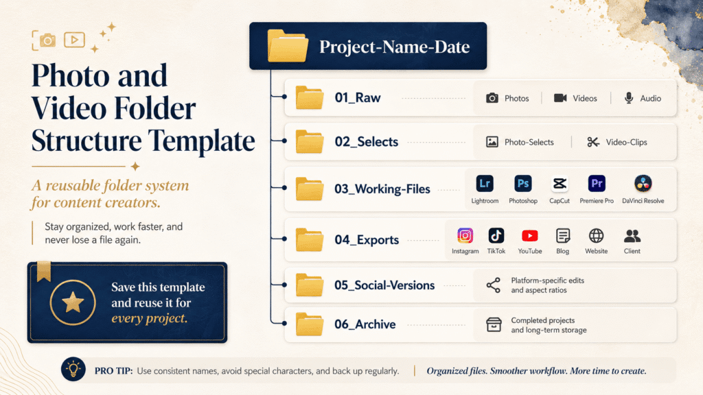 How to Organize Photos and Videos for Content Creation 6 Folder structure template for organizing photos and videos with raw files, selects, working files, exports, social versions, and archive.