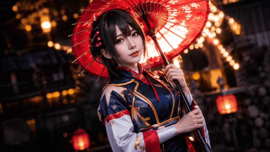 Cosplay Photography Portfolio 2 Cosplay photography portfolio image of a female character holding a red umbrella during a cinematic night portrait shoot