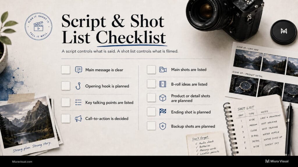 Script and shot list checklist for planning key messages, opening hook, B-roll, product shots, ending shot, and backup shots.