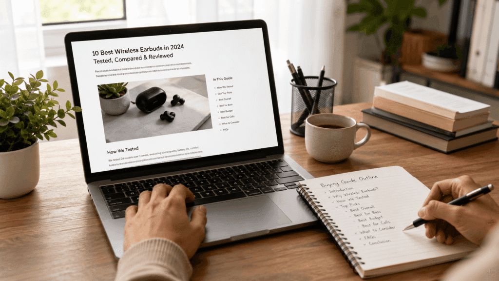 Laptop and notebook setup for writing a Shopee Affiliate blog review or buying guide without appearing on camera.