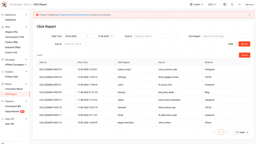 Shopee Affiliate click report example showing click time, click region, Sub ID and referrer data.