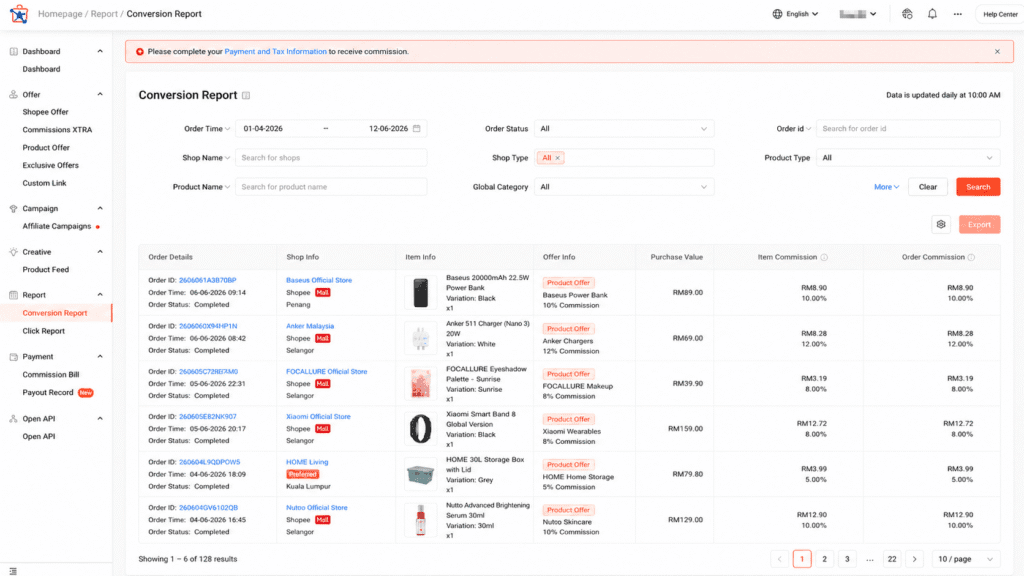 Shopee Affiliate conversion report example showing order details, item commission and order commission.