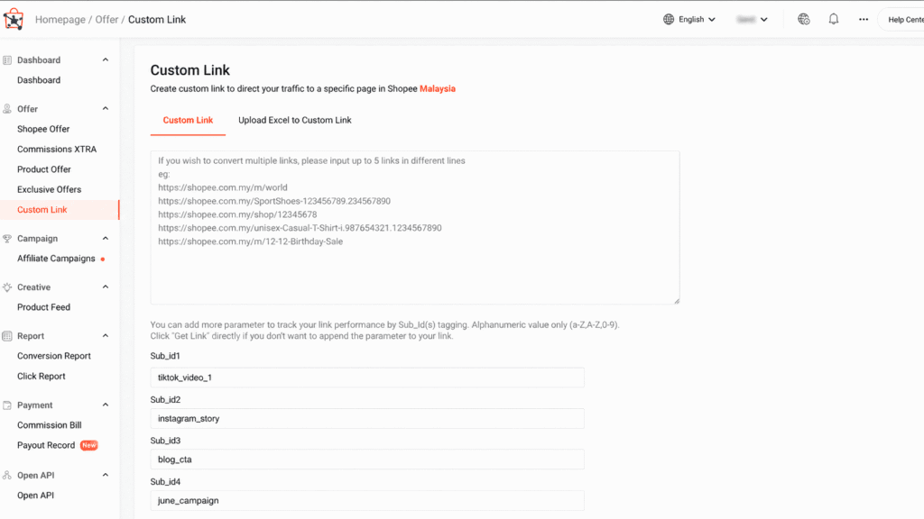 sub-id-example.webp Shopee Affiliate custom link page showing Sub ID fields for tracking different platforms and campaigns.