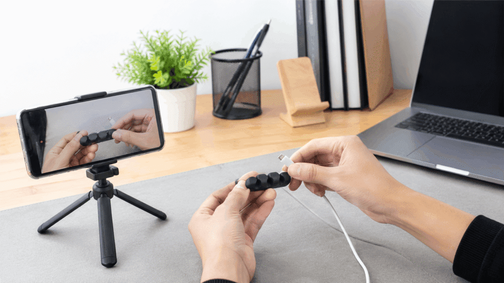 Hands-only product demo showing a small gadget being filmed for Shopee Affiliate without showing face.