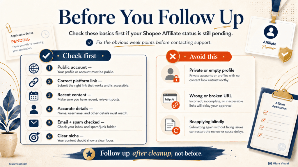 Checklist showing what to fix before following up on a Shopee Affiliate pending review application