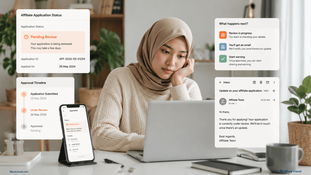Shopee Affiliate pending review guide showing a Malaysian creator checking her affiliate application status on a laptop