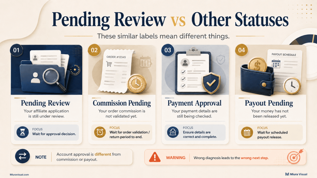 Comparison of Shopee Affiliate pending review, commission pending, payment approval, and payout pending statuses