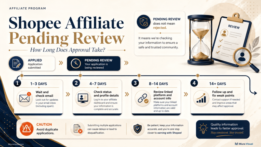 Shopee Affiliate pending review timeline showing how long approval may take and what to do next