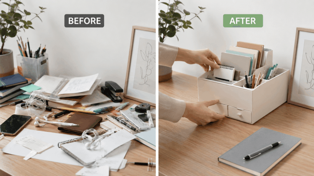 Before and after desk organization scene showing problem-solution content for Shopee Affiliate without showing face.