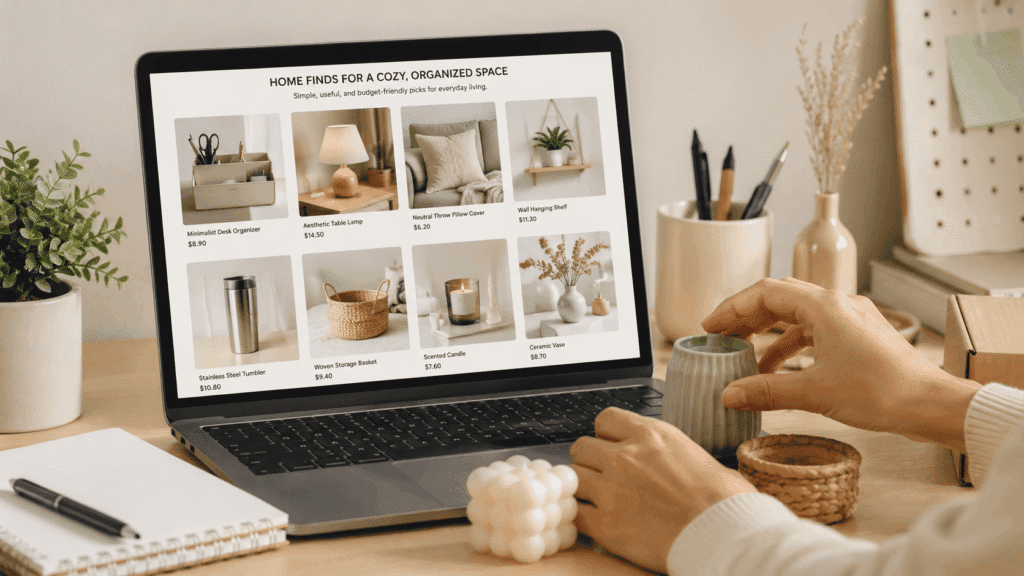 Curated product recommendation page on a laptop for faceless Shopee Affiliate content ideas.