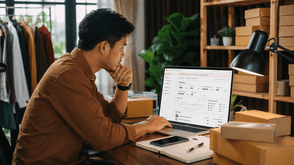 Malaysia creator checking a Shopee Affiliate report dashboard on a laptop with affiliate performance data.