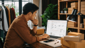 Malaysia creator checking a Shopee Affiliate report dashboard on a laptop with affiliate performance data.