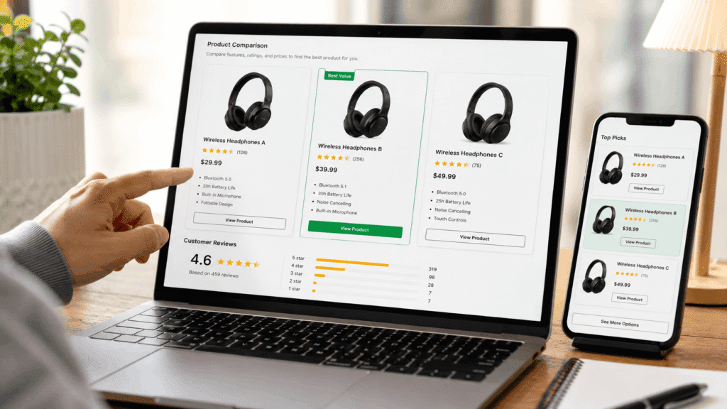 Screen recording product review setup comparing online product listings without showing the creator’s face.