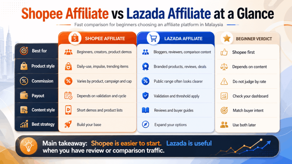 Shopee Affiliate vs Lazada Affiliate Malaysia comparison infographic for beginner creators