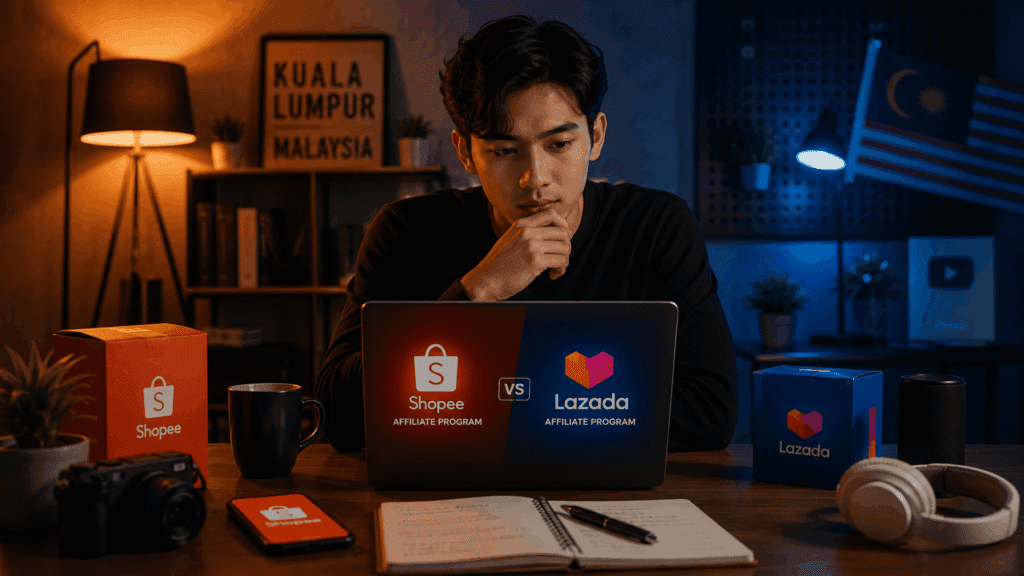 Malaysian creator comparing Shopee and Lazada affiliate programs in a studio workspace