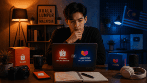 Malaysian creator comparing Shopee and Lazada affiliate programs in a studio workspace