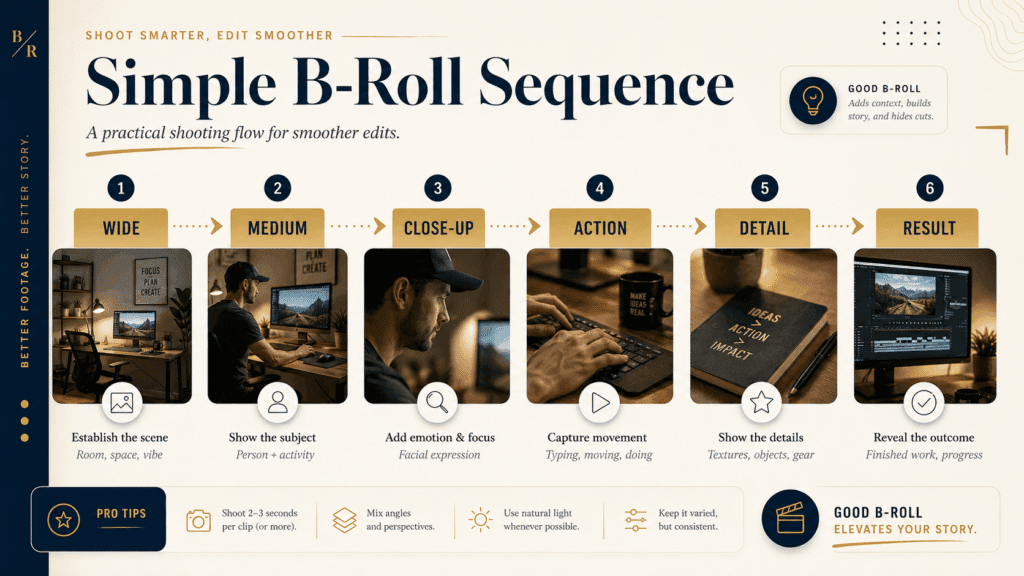 How to Shoot B-Roll for Videos: Free Shot List & Examples 3 Editorial infographic showing a simple B-roll sequence from wide shot to medium, close-up, action, detail, and result shot.
