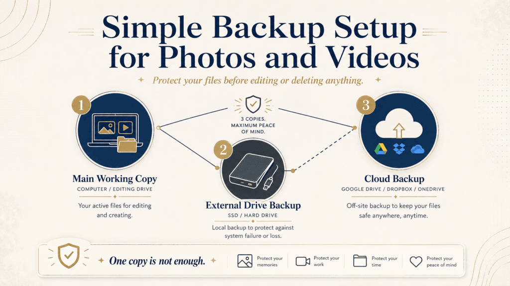 How to Organize Photos and Videos for Content Creation 4 Simple backup setup for photos and videos with a working copy, external drive backup, and cloud backup.