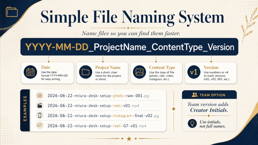 How to Organize Photos and Videos for Content Creation 3 Simple file naming system showing date, project name, content type, version, and creator initials for organizing content files.