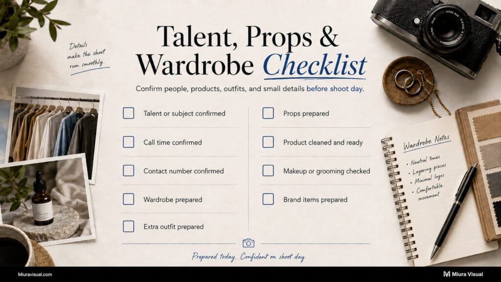 Talent, props, and wardrobe checklist for confirming people, call time, contact details, outfits, props, products, grooming, and brand items.