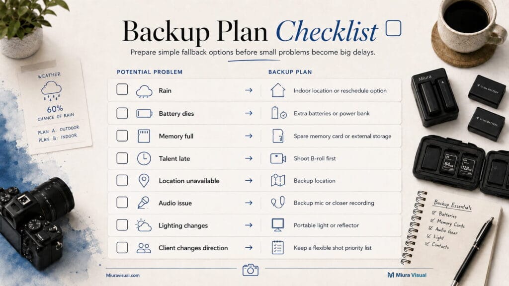 Backup plan checklist for video shoots covering rain, battery issues, memory full, talent delays, location problems, audio issues, and lighting changes.