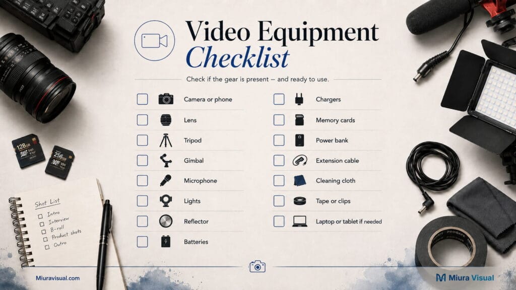 Video equipment checklist for camera, lens, tripod, gimbal, microphone, lights, batteries, chargers, memory cards, and production gear.