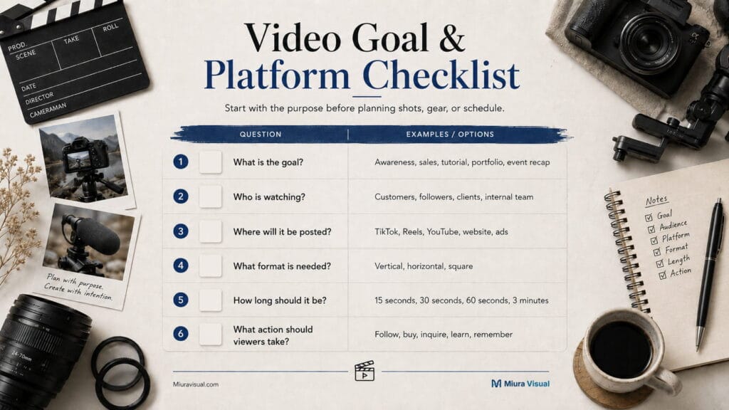 Video goal and platform checklist for confirming audience, publishing platform, format, duration, and viewer action before filming.