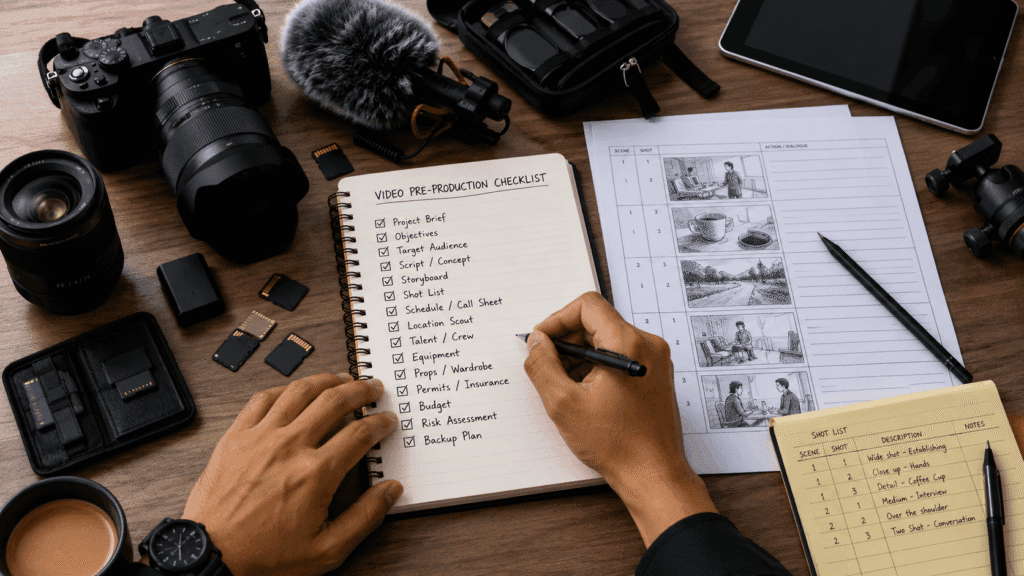 Video pre-production planning desk with checklist, storyboard, shot list, camera, microphone, memory cards, and filming gear arranged for shoot preparation.
