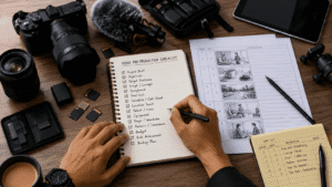 Video pre-production planning desk with checklist, storyboard, shot list, camera, microphone, memory cards, and filming gear arranged for shoot preparation.